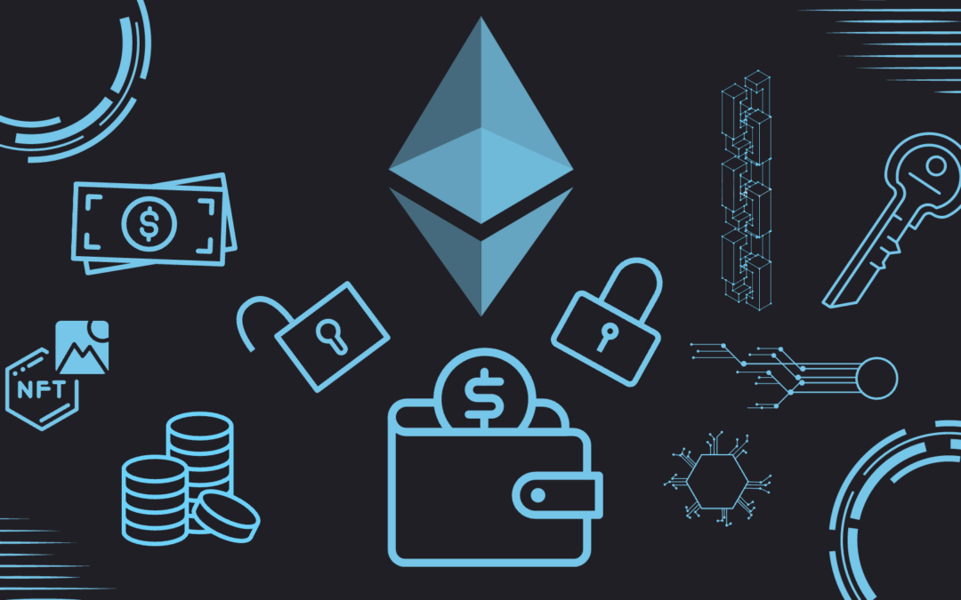 A composition of Ethereum logo, with a wallet, padlocks, key, blockchain, cryptography, money, nfts