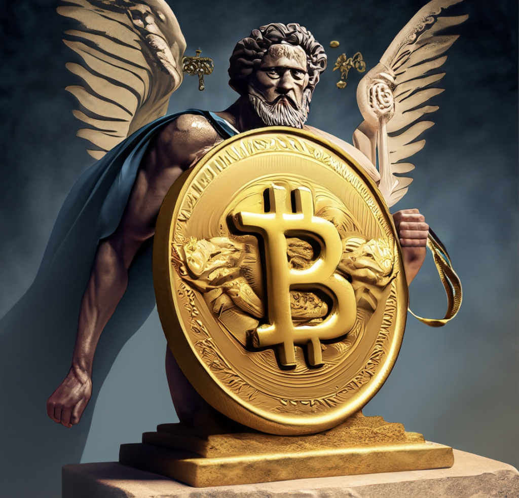 Greek god with Bitcoin golden medal 